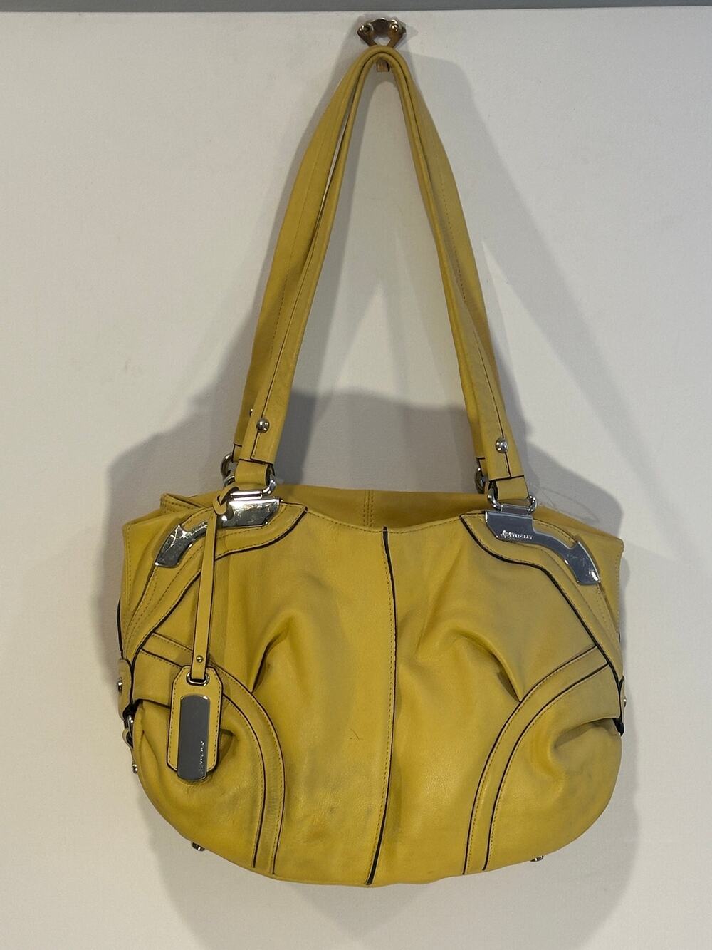 B. Makowsky Yellow Glove Leather Hobo Shoulder Bag Cheetah Lining Tote Purse